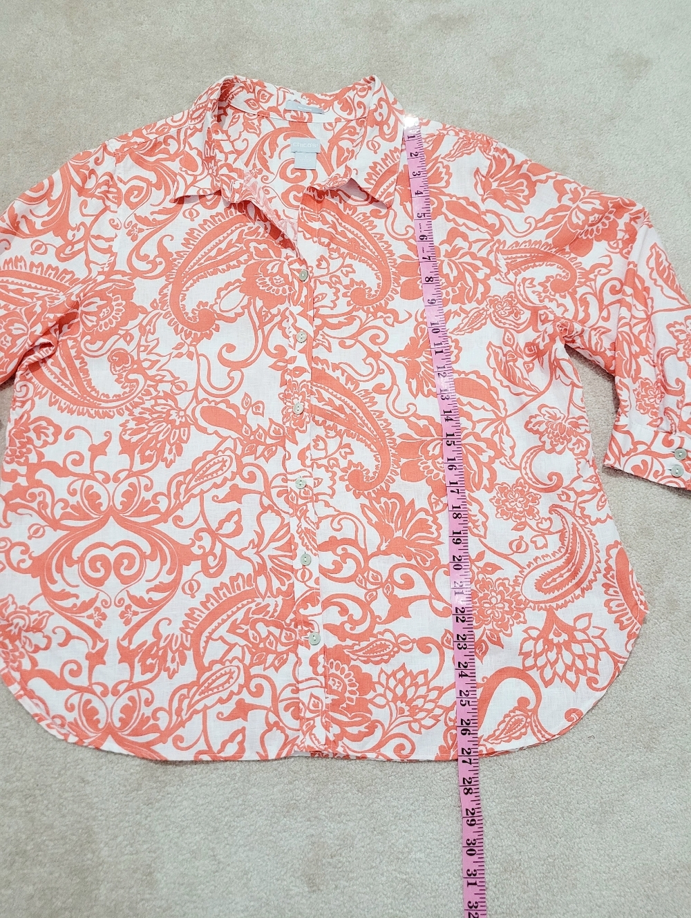 Chico’s 100% Linen Shirt Size 16 Orange White Paisley Button Front Top Classic - Picture 12 of 13
